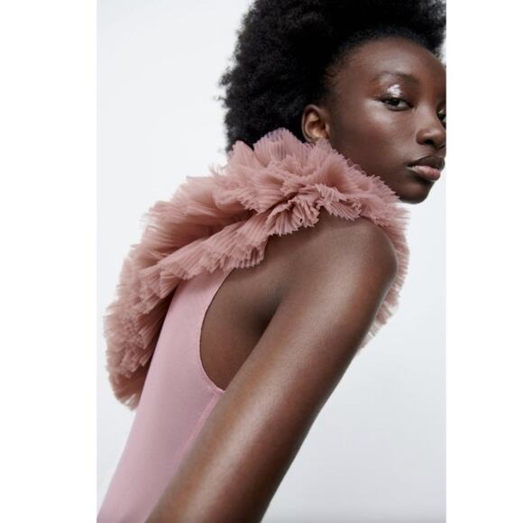 Zara Beige Pink One Shoulder Ruffled Tulle Bodysuit Bloggers Fave Small - Picture 5 of 11